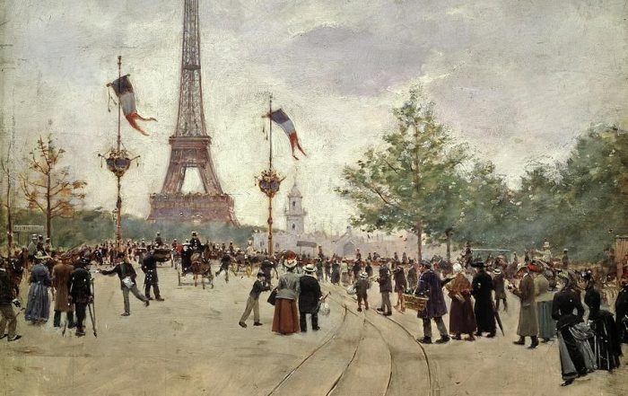 Jean Béraud, The Entrance to the 1889 Universal Exhibition (detail) 1889, oil on wood, Musée Carnavalet. CC0 Paris Musées / Musée Carnavalet – Histoire de Paris